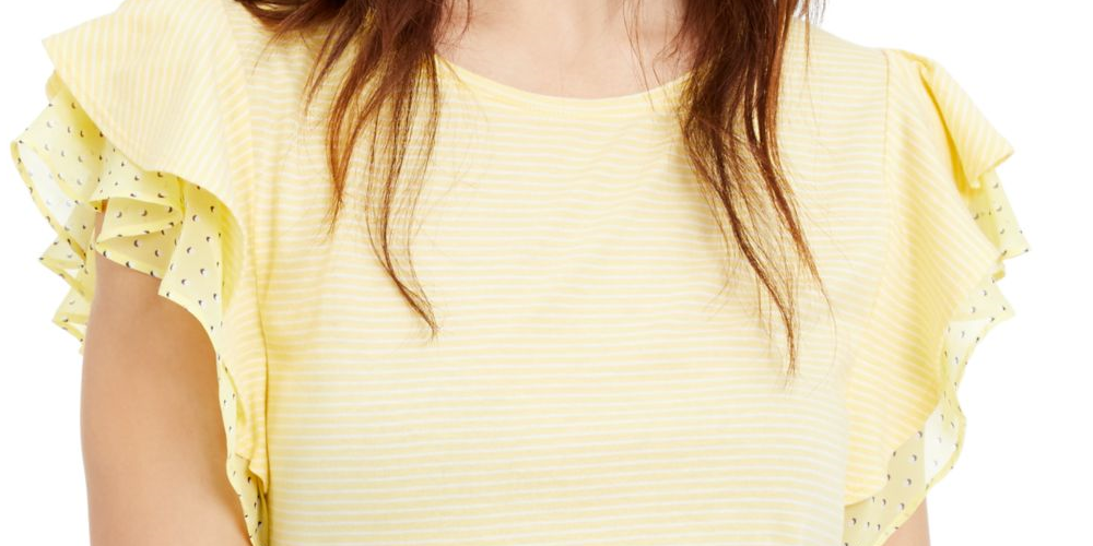 Maison Jules Women's Stripe Dot Embellished T-Shirt Yellow Size Large