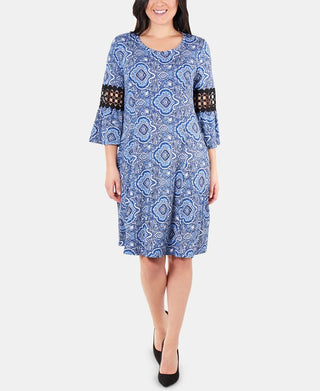 Ny Collection Women's Petite Crochet-Trimmed Bell-Sleeve Dress Blue Size Petite M