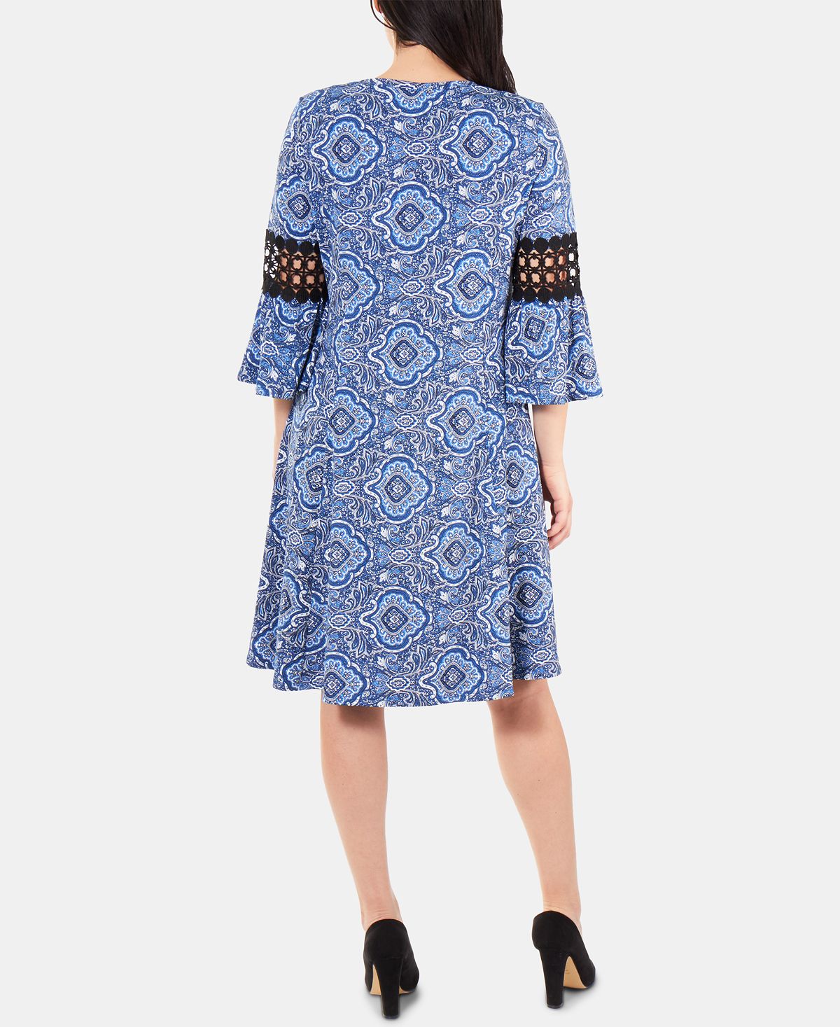 Ny Collection Women's Petite Crochet-Trimmed Bell-Sleeve Dress Blue Size Petite M