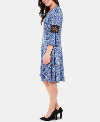 Ny Collection Women's Petite Crochet-Trimmed Bell-Sleeve Dress Blue Size Petite M