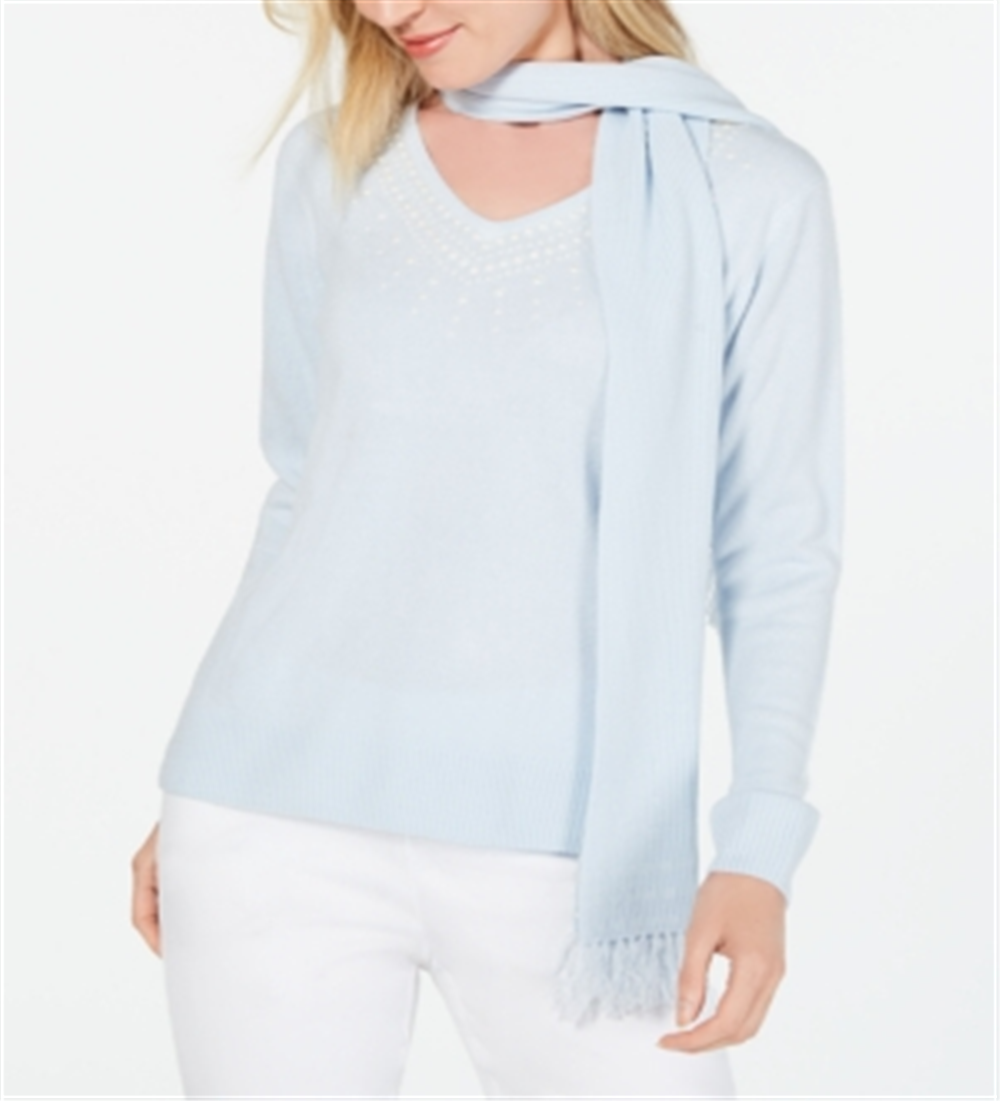 Karen Scott Women's Embellished Sweater with Scarf Blue Size Petite Medium