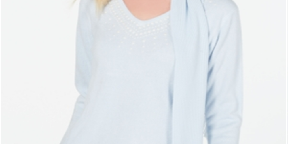 Karen Scott Women's Embellished Sweater with Scarf Blue Size Petite Medium