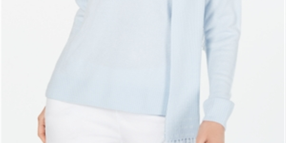 Karen Scott Women's Embellished Sweater with Scarf Blue Size Petite Medium