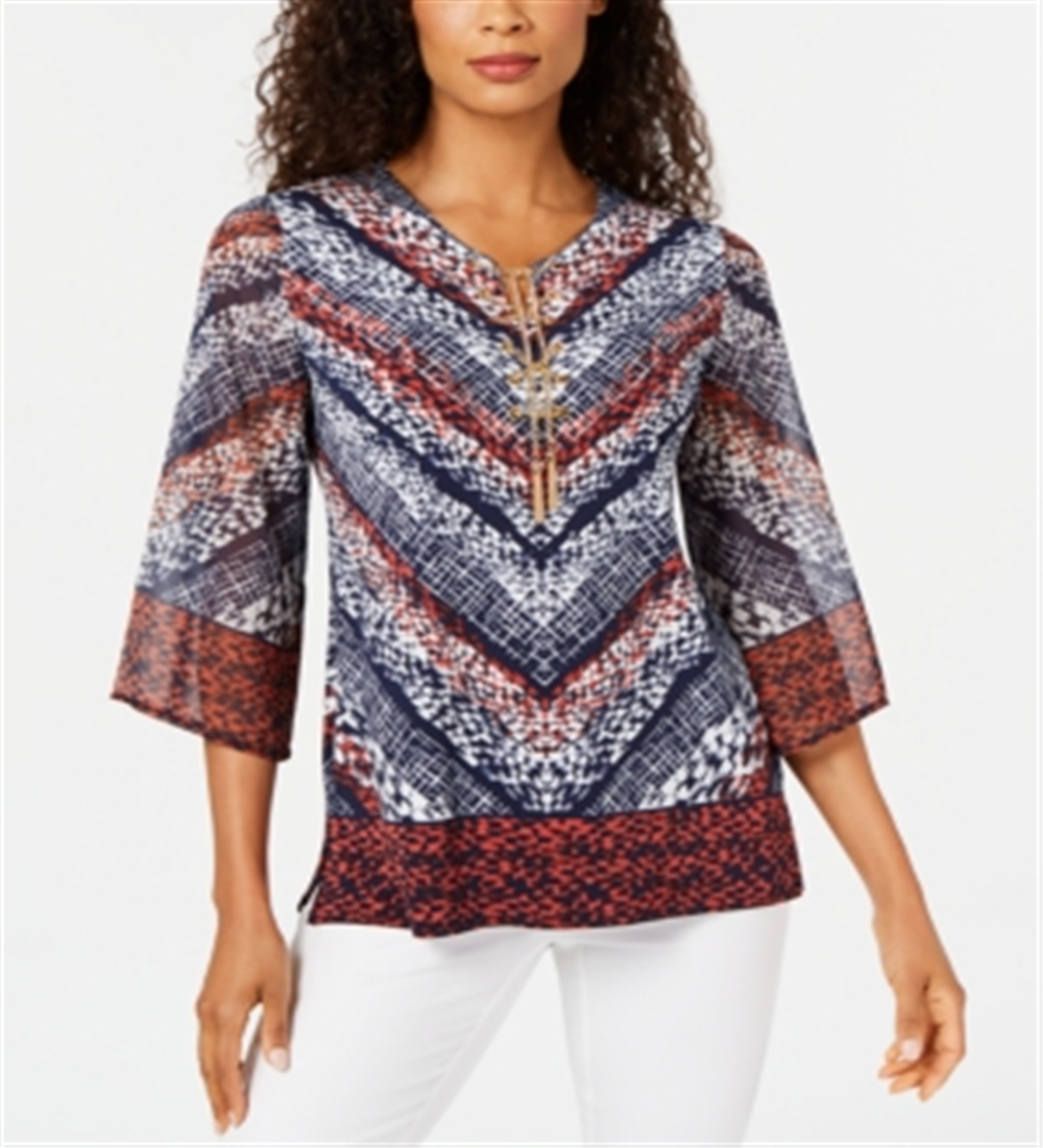 JM Collection Women's Printed Chain Neck Top Blue  Size XL