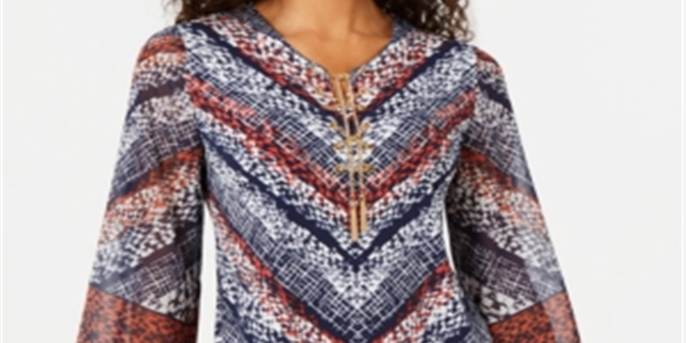 JM Collection Women's Printed Chain Neck Top Blue  Size XL