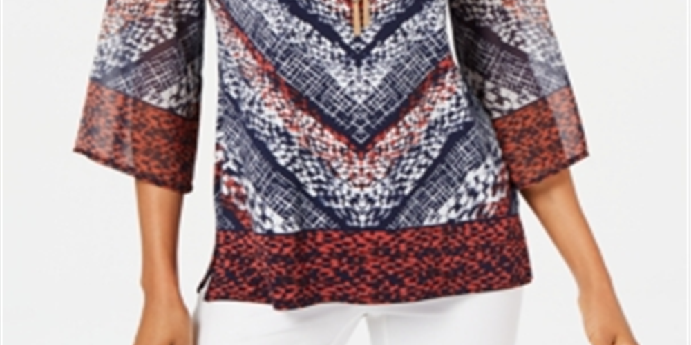 JM Collection Women's Printed Chain Neck Top Blue  Size XL