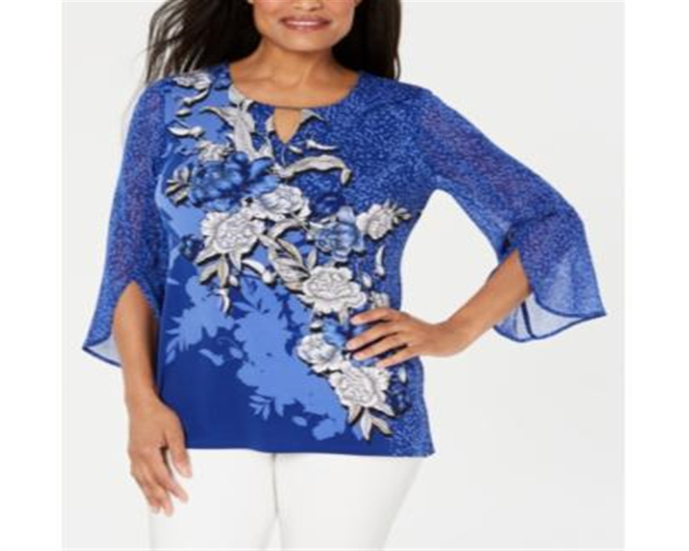JM Collection Women's Embellished Split Sleeve Top Blue Size Petite