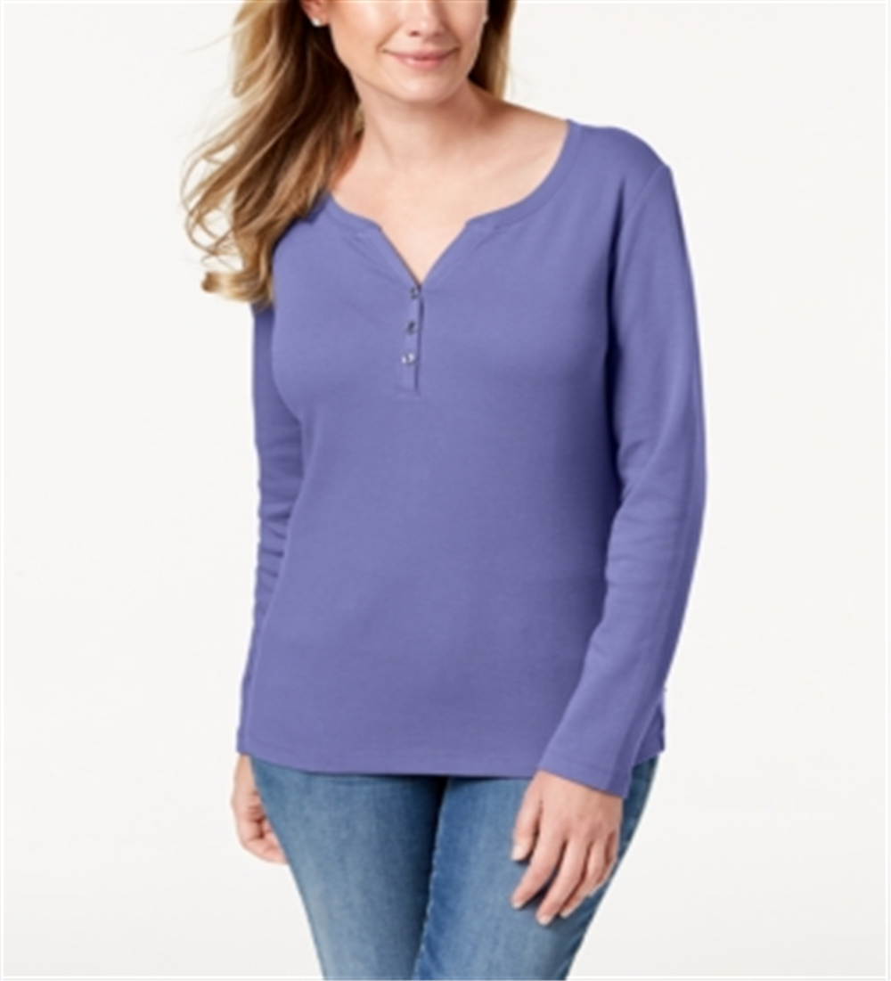 Karen Scott Women's Cotton Henley Neck Top Purple Size Petite