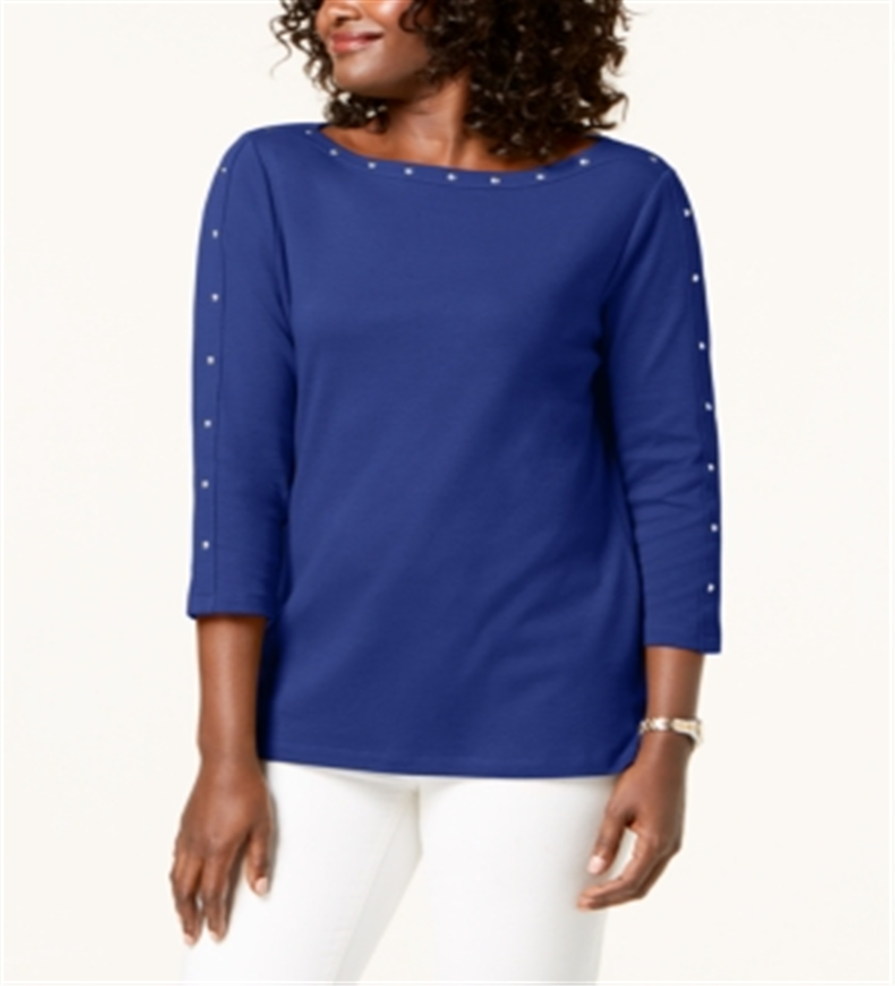 Karen Scott Women's Studded Boat Neck Cotton Top Blue Size Petite