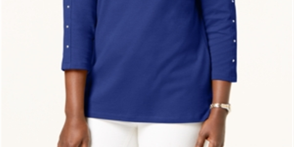 Karen Scott Women's Studded Boat Neck Cotton Top Blue Size Petite