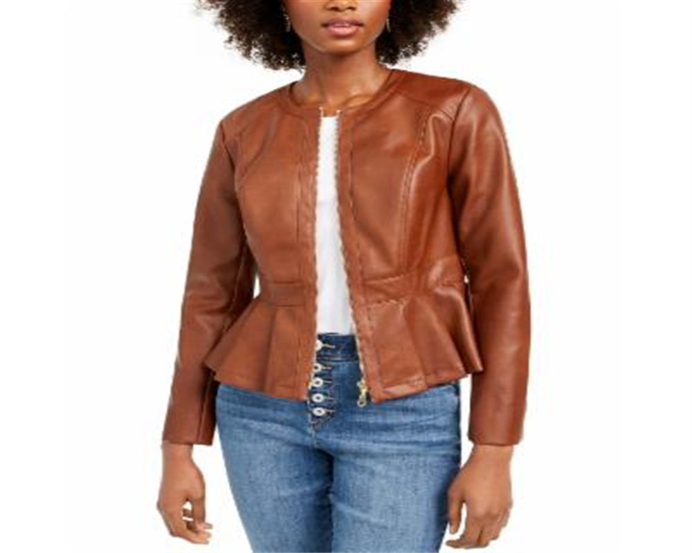 INC International Concepts Women's Faux Leather Peplum Jacket Brown Size Petite L