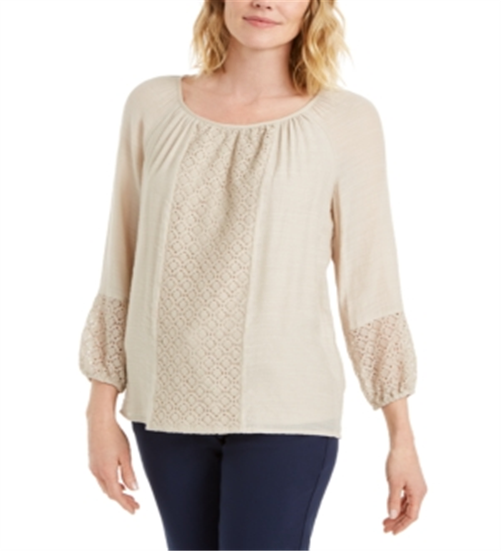 JM Collection Women's Solid Lace Inset Top Brown Size Medium