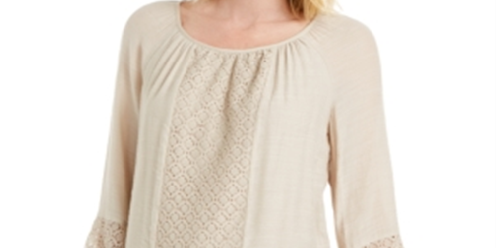 JM Collection Women's Solid Lace Inset Top Brown Size Medium