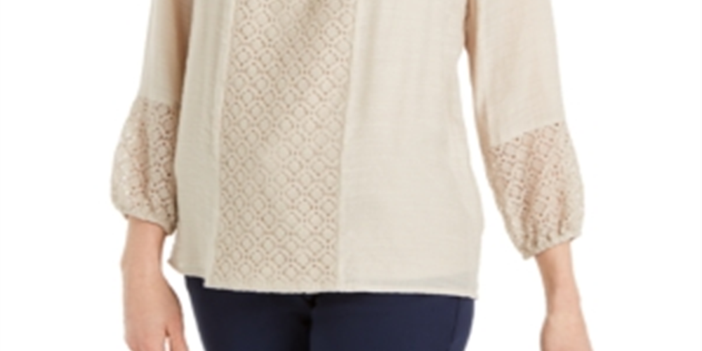 JM Collection Women's Solid Lace Inset Top Brown Size Medium