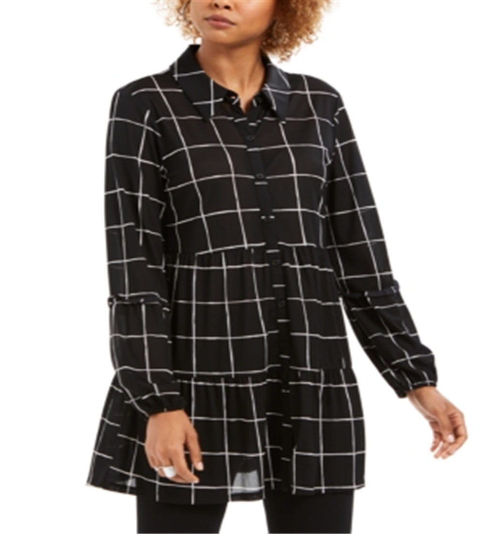 Style & Co Women's Paneled Windowpane Print Mesh Shirt Black Size Medium