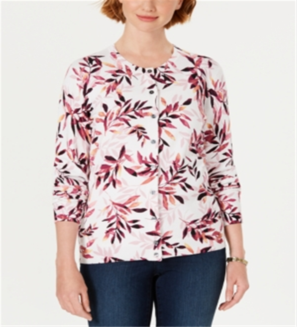 Karen Scott Women's Petite Leaf-Print Cardigan White Size Petite S