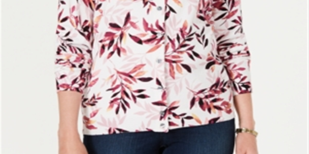 Karen Scott Women's Petite Leaf-Print Cardigan White Size Petite S