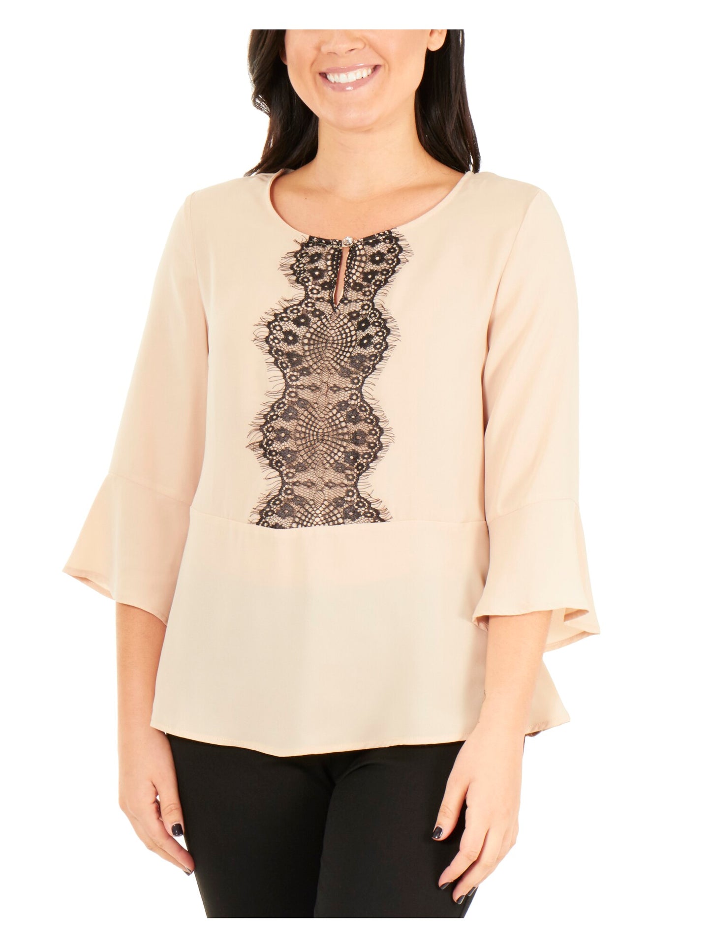 NY Collection Women's Lace Panel 3/4 Sleeve Peplum Top Brown Size Medium