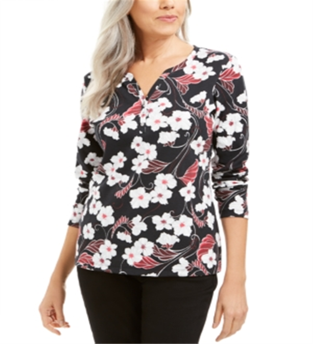 Karen Scott Women's Glitter Vines Henley Top Black Size X-Small