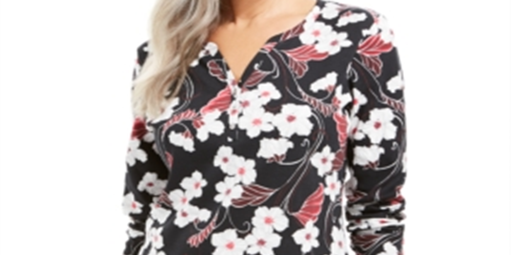 Karen Scott Women's Glitter Vines Henley Top Black Size X-Small