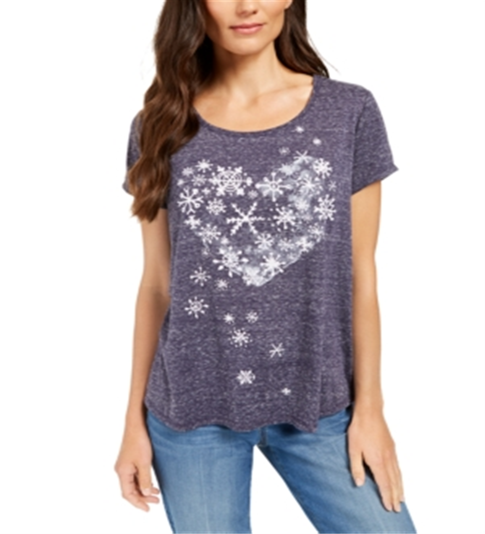 Style & Co Women's Snowflake Heart Graphic-Print T-Shirt Blue  Size PP