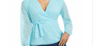 Charter Club Women's Clip Dot Wrap Top Blue Size Medium