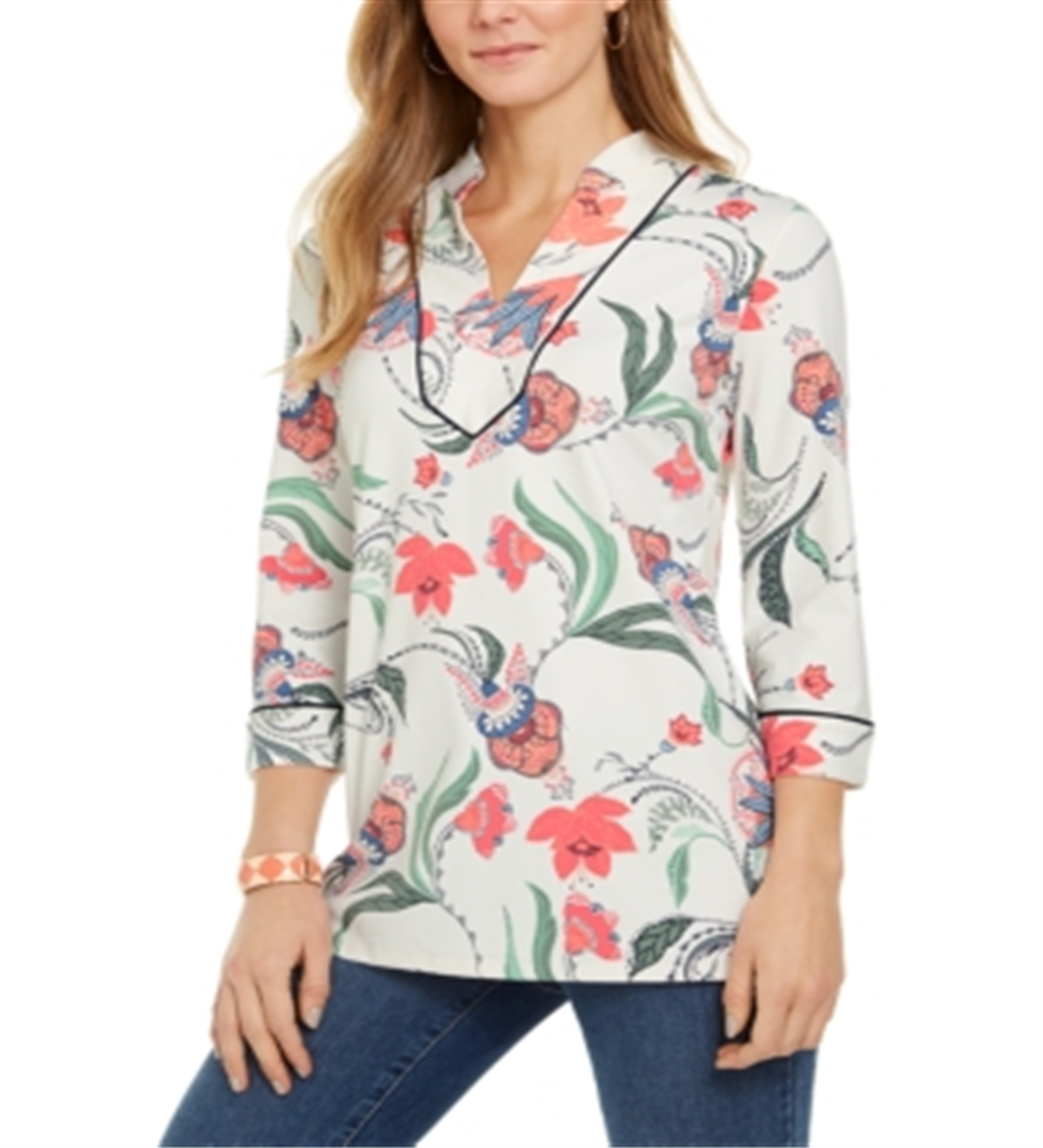 Charter Club Women's Knit 3/4 Sleeve Paisley Tunic Top White Size Large