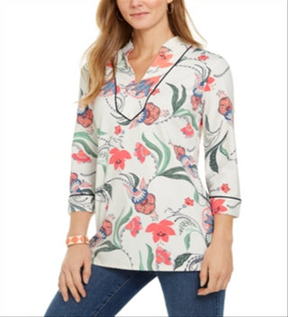 Charter Club Women's Knit 3/4 Sleeve Paisley Tunic Top White Size Large