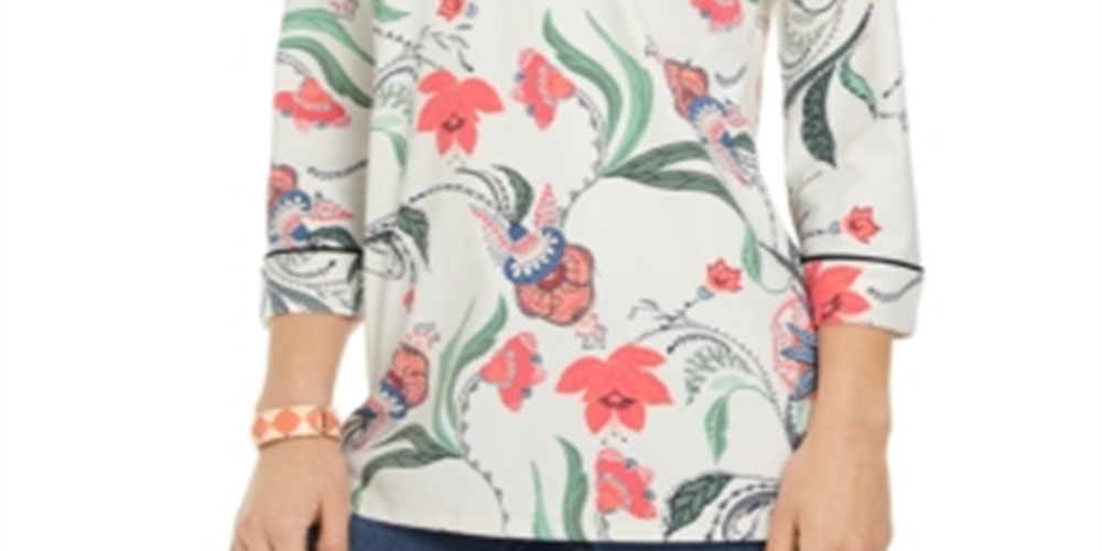 Charter Club Women's Knit 3/4 Sleeve Paisley Tunic Top White Size Large