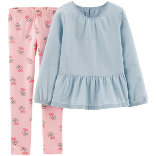 Carter's Little & Big Girl's 2 Pc Chambray Top & Cherry Print Leggings Set Blue Size 8