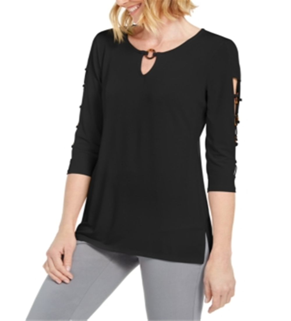 JM Collection Women's Ladder Sleeve O-Ring Top Black Size Petite