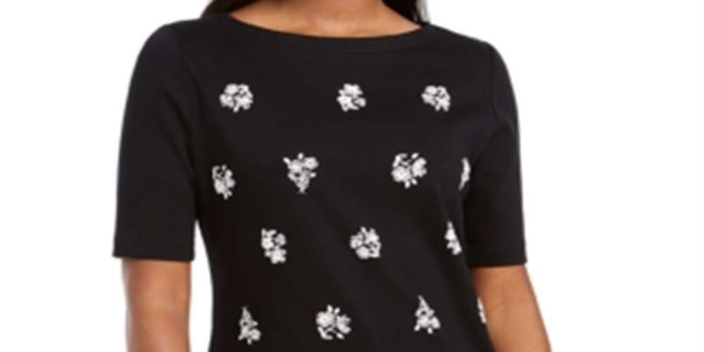 Karen Scott Women's Printed Scalloped Cotton Top Black Size Small