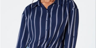 Charter Club Women's Striped Tie Front Button up Shirt Blue Size Petite Small