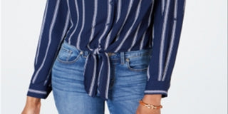 Charter Club Women's Striped Tie Front Button up Shirt Blue Size Petite Small