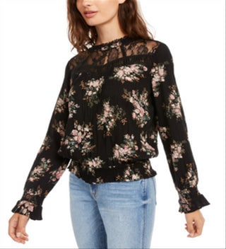 American Rag Junior's Lace Trimmed Smocked Waist Blouse Black Size XX-Small