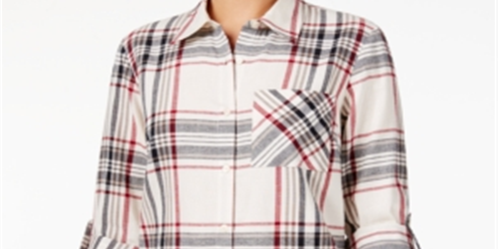 Style & Co Women's Cotton Tab Sleeve Plaid Shirt Black Size Petite X-Large