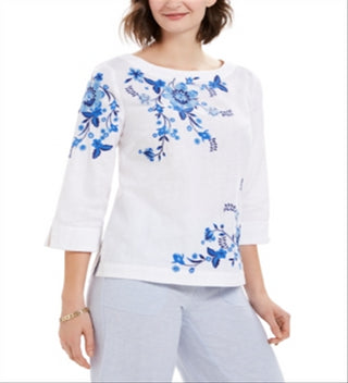 Charter Club Women's Embroidered Split Sleeve Top Blue Size XX-Large