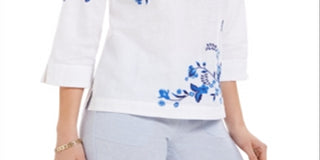 Charter Club Women's Embroidered Split Sleeve Top Blue Size XX-Large