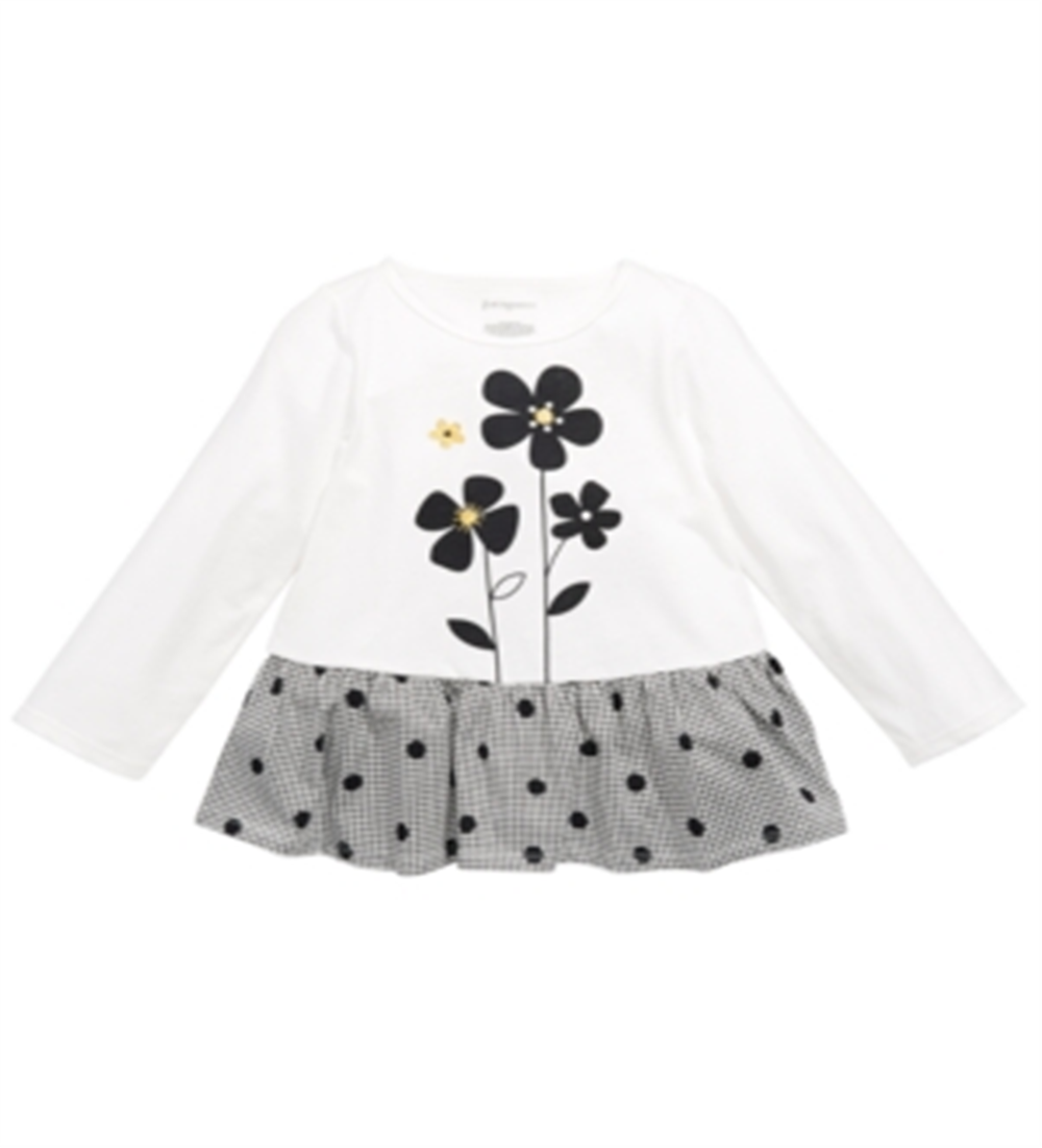 First Impressions Baby Girl's Flowers Houndstooth Polka Dot Peplum T-Shirt White Size 3-6MOS