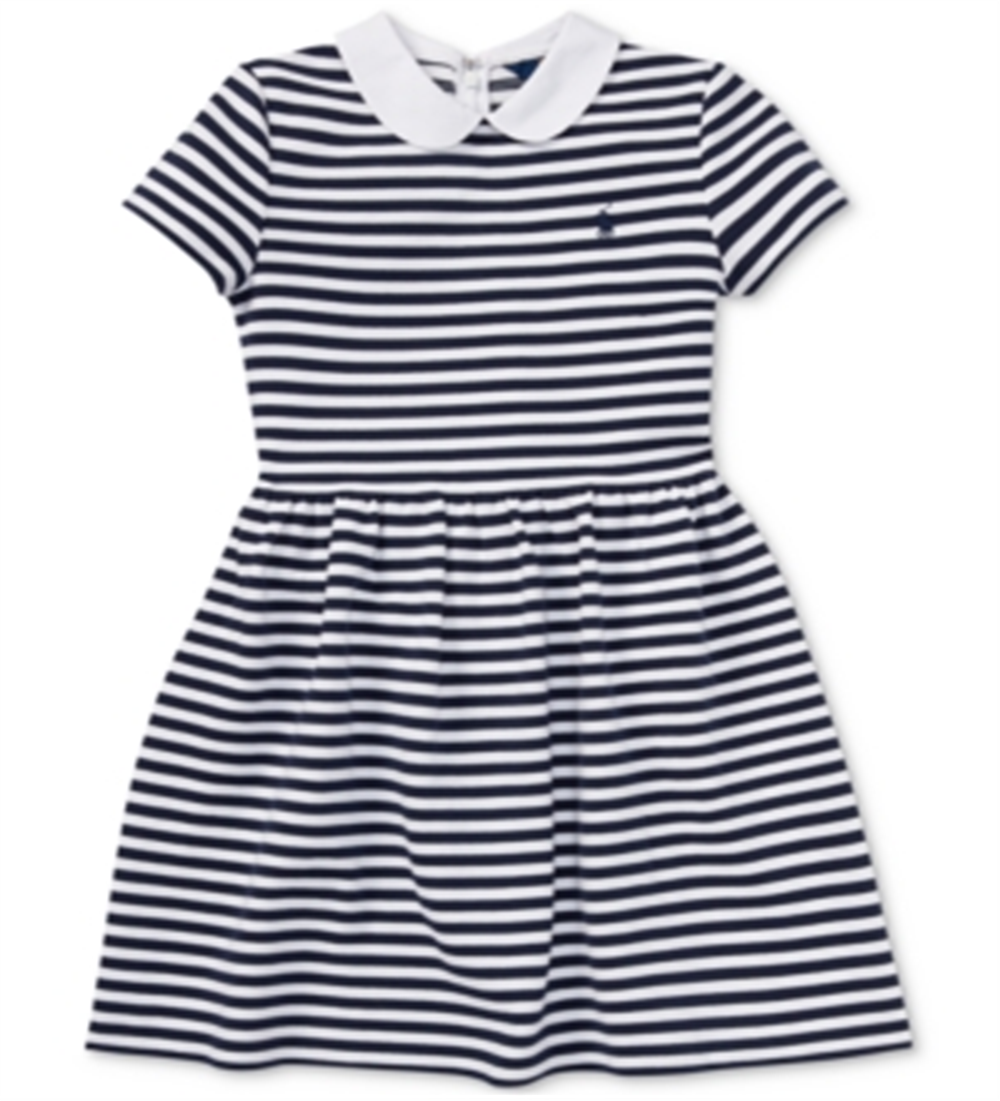 Ralph Lauren Girl's Stripe Collar Structured Short Sleeve A Line Dress Blue Size Large