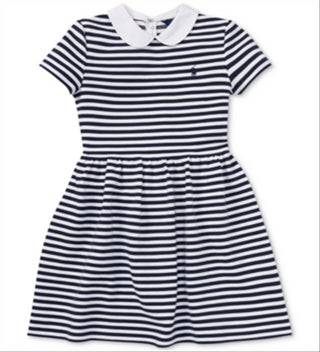 Ralph Lauren Girl's Stripe Collar Structured Short Sleeve A Line Dress Blue Size Large