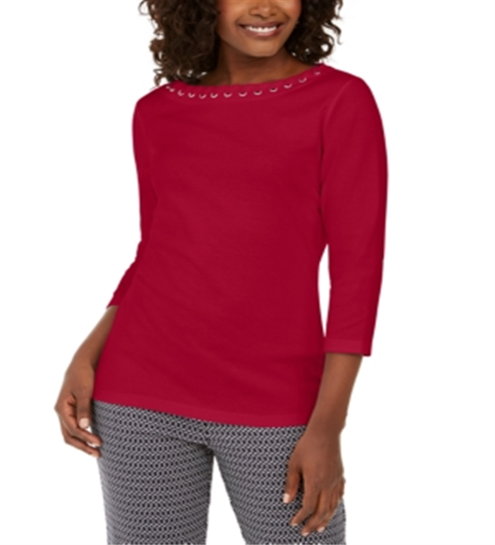 Karen Scott Women's Grommet Trim Cotton Top Red Size Small