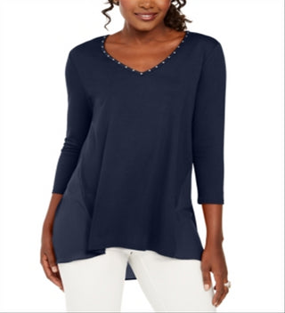 JM Collection Women's Mixed Media Studs Top Blue Size X-Small