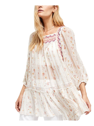 Free People Women's Printed Long Sleeve Jewel Neck Top White Size Medium