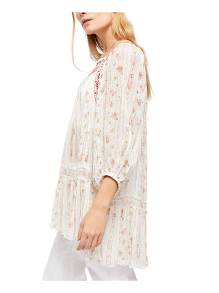 Free People Women's Printed Long Sleeve Jewel Neck Top White Size Medium