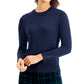 Charter Club Women's Merino Wool Button Cuff Crewneck Sweater Blue Size X-Small
