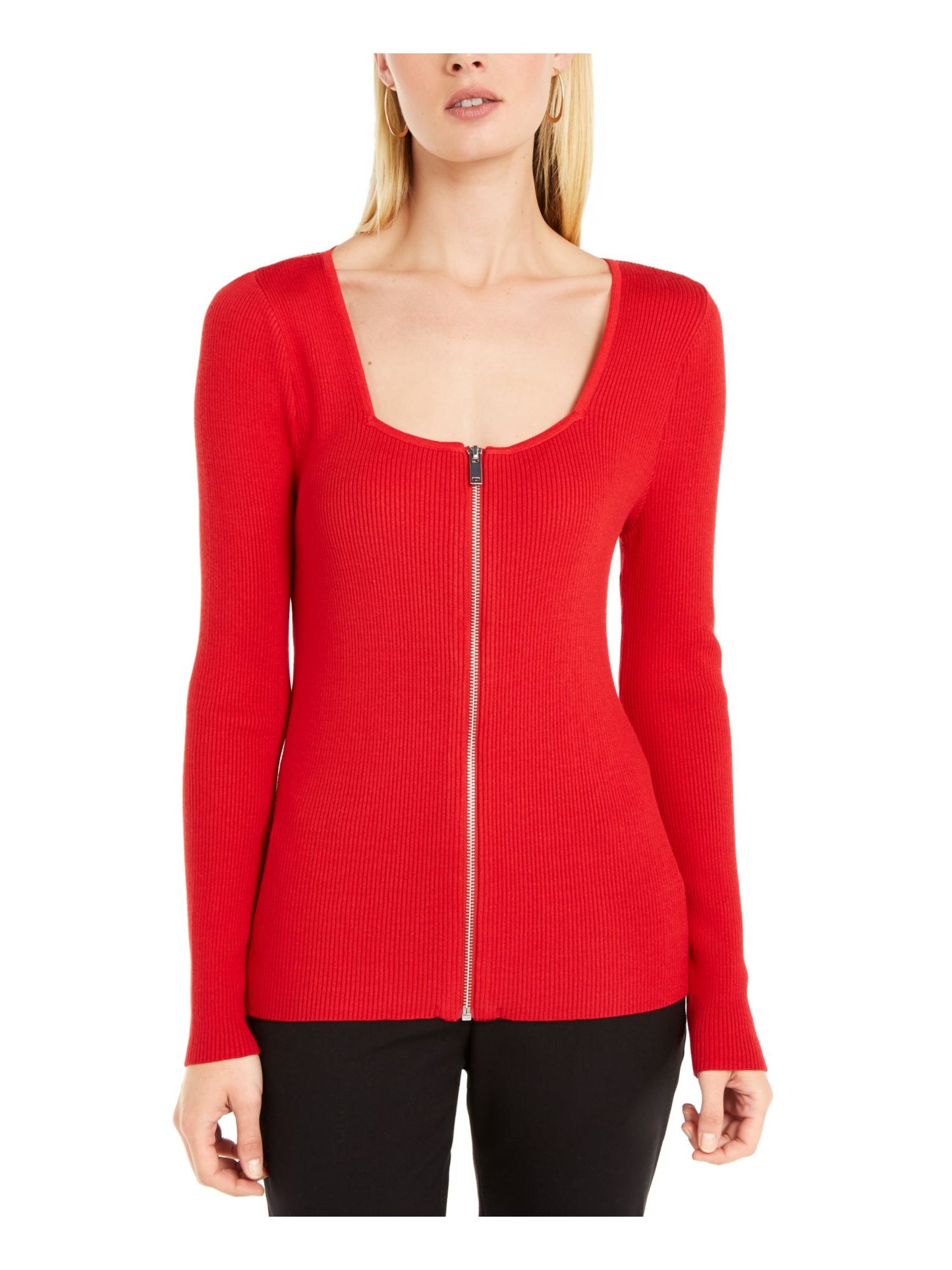 INC International Concepts Women's Zippered Solid Long Sleeve Square Neck Top Red Size Small