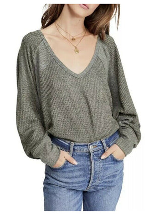 Free People Women's Long Sleeve V Neck Top Green Size X-Small