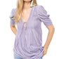 Free People Women's Adelle Velvet Puff Sleeve Deep V Neck Tie Front Tunic Top Purple Size Medium