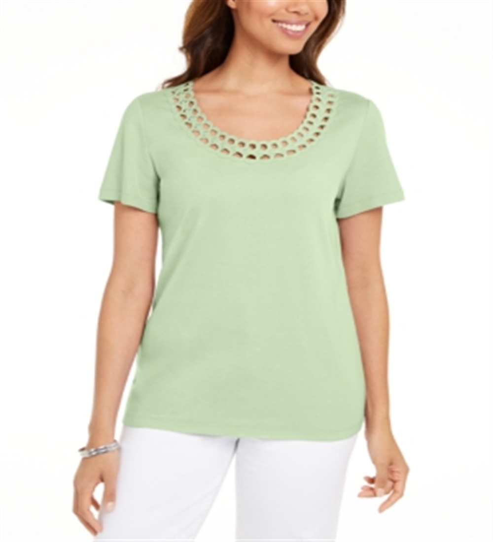 Karen Scott Women's Cotton Scalloped Neck T-Shirt Green Size Small